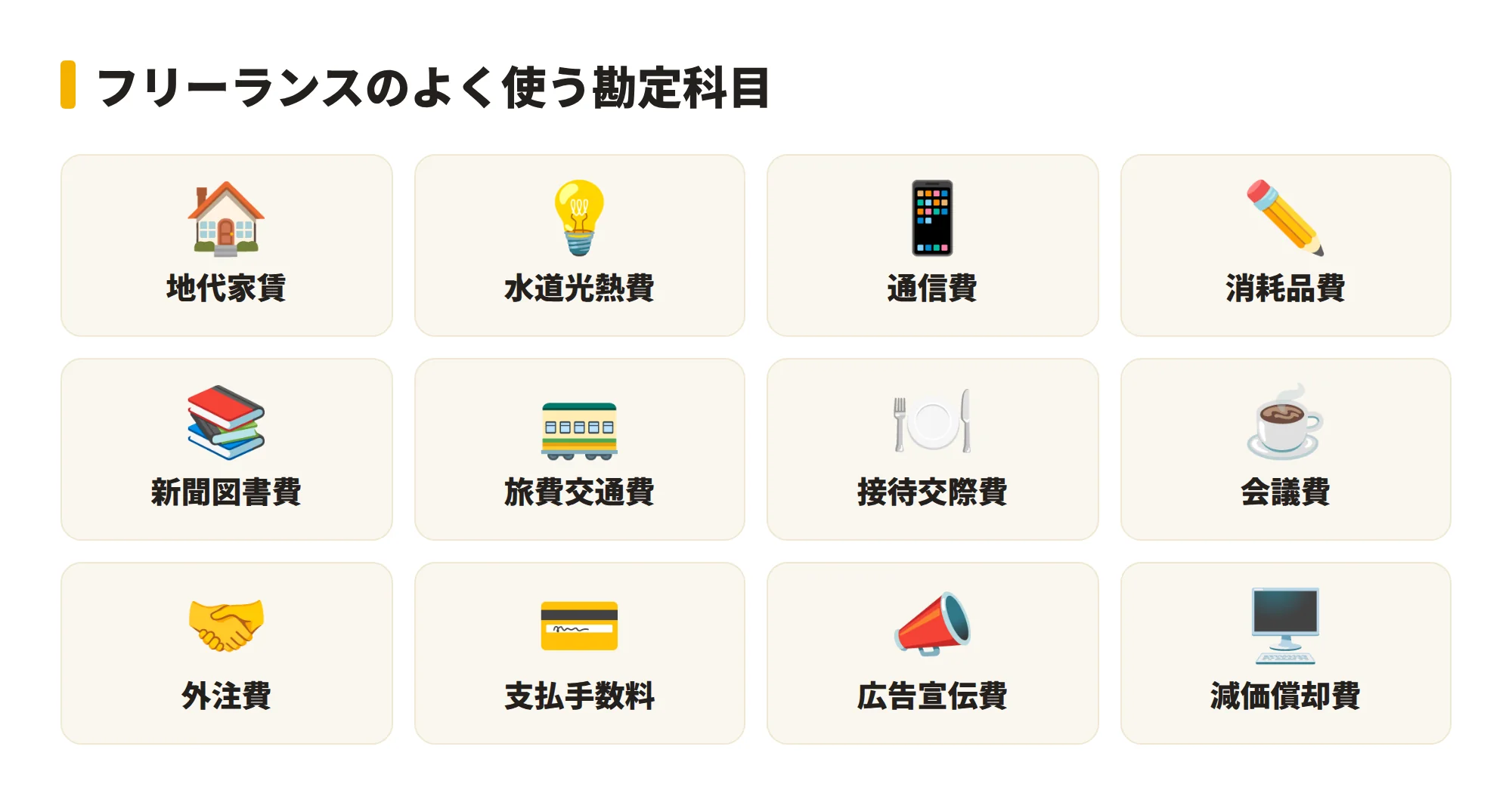 フリーランスの主な経費カテゴリのアイコン一覧（家賃・通信費・消耗品費・旅費交通費・接待交際費・外注費など）
