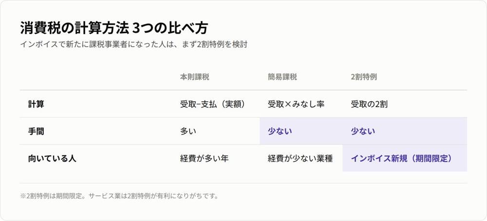消費税の計算3方式の比較(本則・簡易・2割特例)