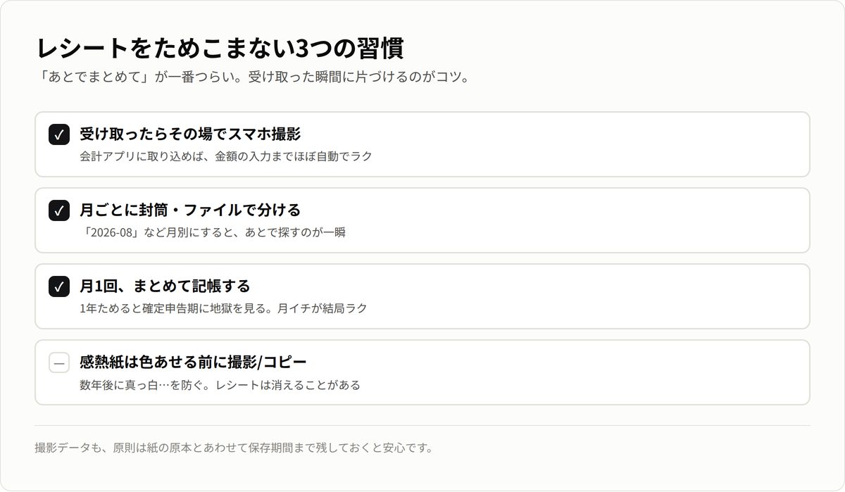 レシートをためこまない3つの習慣。受け取ったらスマホ撮影・月ごとに分ける・月1回まとめて記帳。
