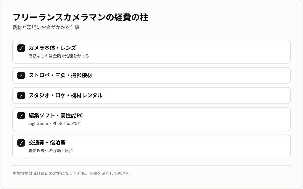 フリーランスカメラマンの経費の柱。カメラ・レンズ・撮影機材・スタジオ・編集ソフト・交通費。