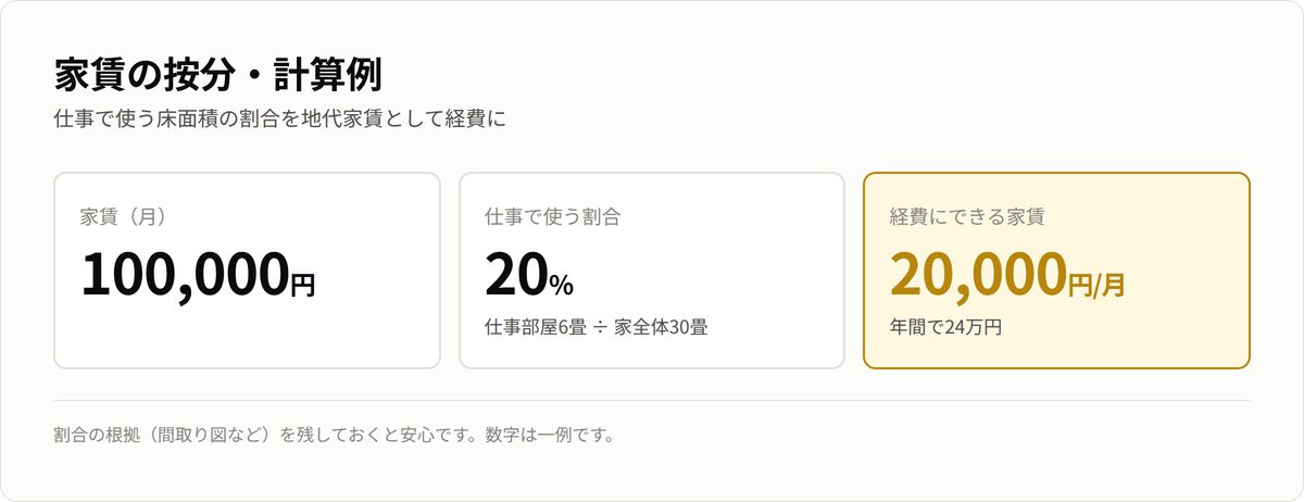 家賃の按分計算例。家賃月10万円×仕事割合20%で、経費にできる家賃は月2万円・年24万円。