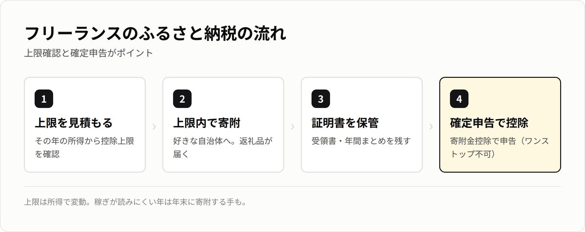 フリーランスのふるさと納税の流れ。上限見積もり、寄附、証明書保管、確定申告で寄附金控除。