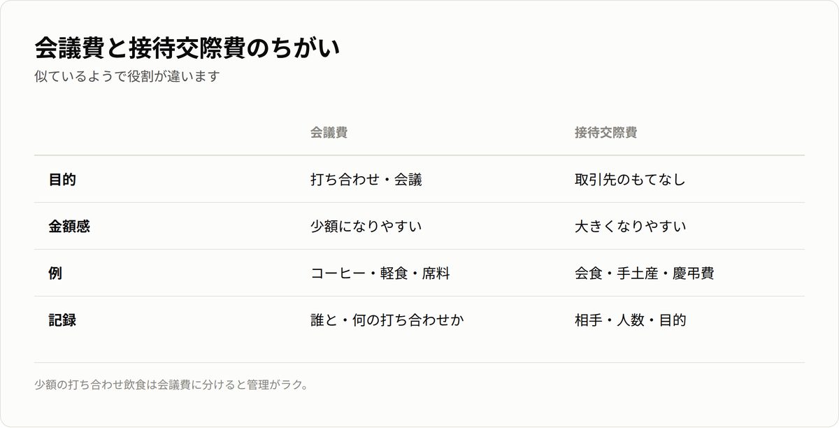 会議費と接待交際費の違い。会議費は打ち合わせの少額飲食、接待交際費は取引先のもてなし。