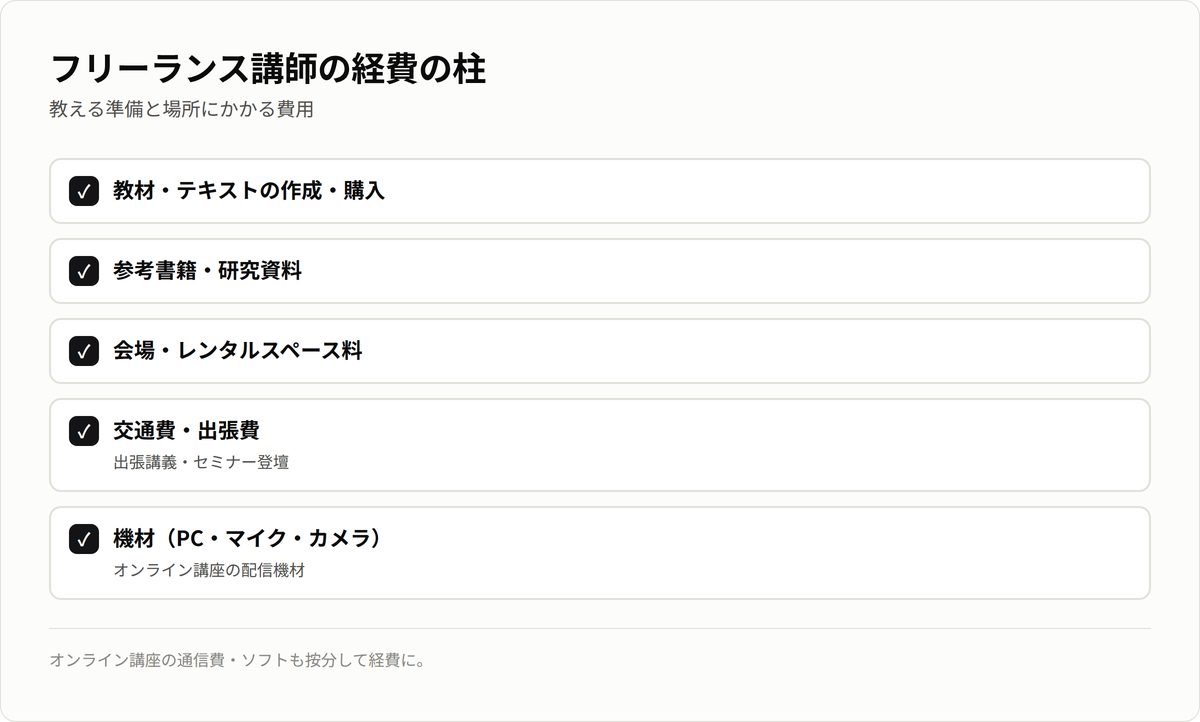 フリーランス講師の経費の柱。教材・参考書籍・会場費・交通費・配信機材。