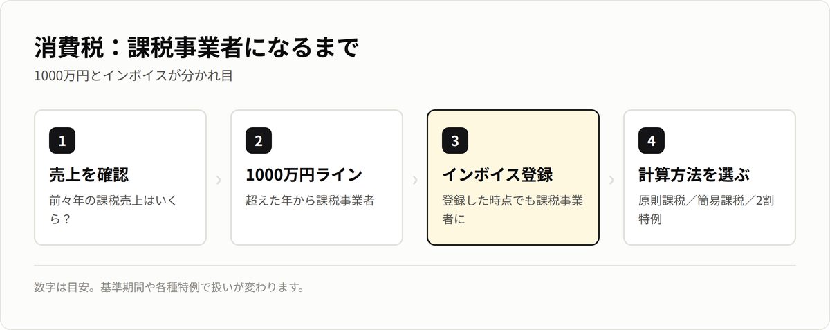 消費税で課税事業者になるまでの流れ。売上確認、1000万円ライン、インボイス登録、計算方法の選択。