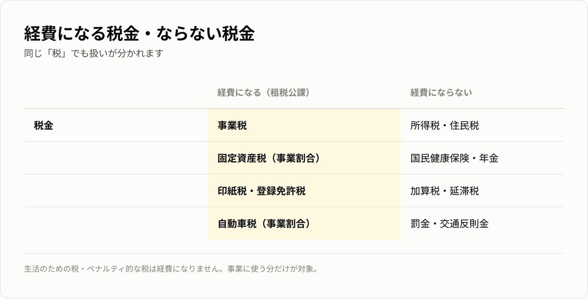 経費になる税金とならない税金。事業税・固定資産税・印紙税・自動車税の事業分は経費、所得税住民税や延滞税は対象外。