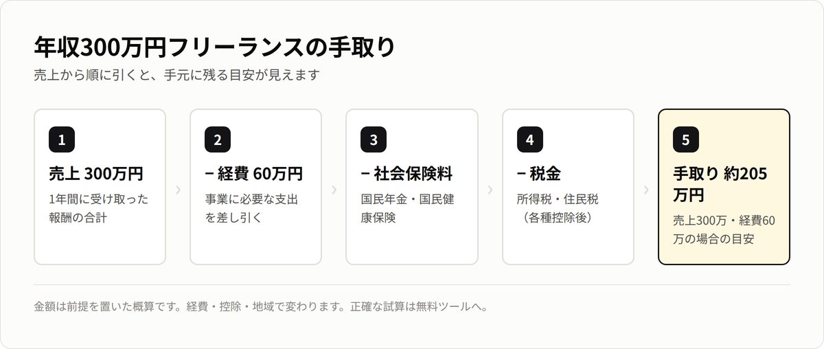 年収300万円フリーランスの手取りの内訳。売上300万から経費・社会保険料・税金を引いて手取り約205万円の目安。