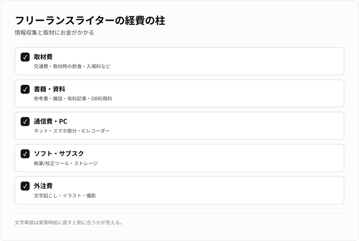 フリーランスライターの経費の柱。取材費・書籍資料・通信費・ソフト・外注費。